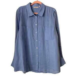 Soft Surroundings Top Women‎ 1X Plus Blue Linen Pleated Crochet Lagenlook Preppy
